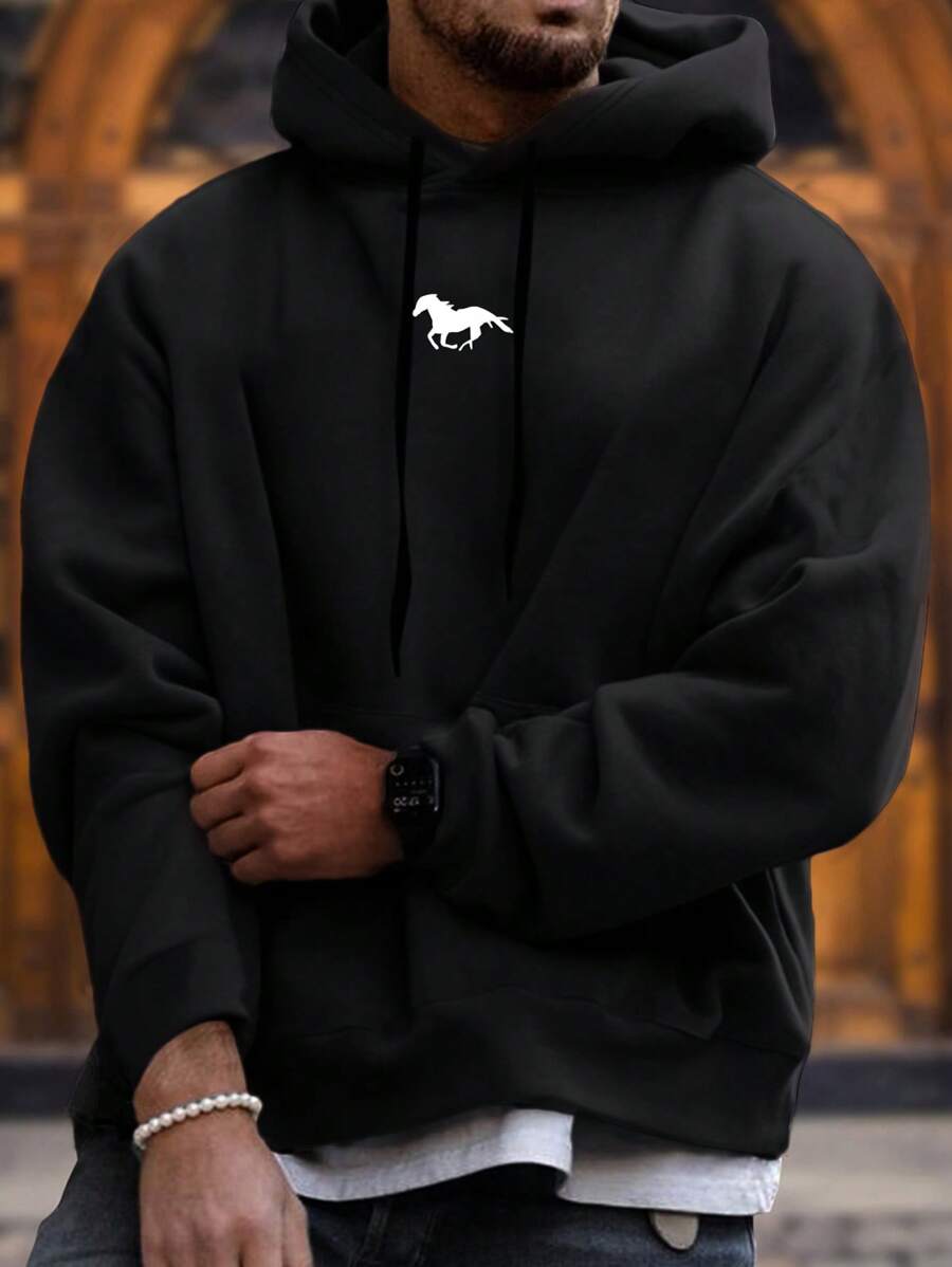 EURMUSE 100%Cotton Men's Horse Print Drawstring Black Hoodie - Black - View 1