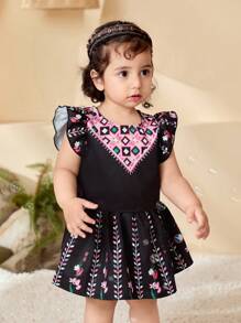 SHEIN 2pcs/Set Baby Girl 0-3Y Elegant Retro Pattern Cap Sleeve Top With Floral Pleated Skirt, Suitable For Traditional Festival Outing, All Season