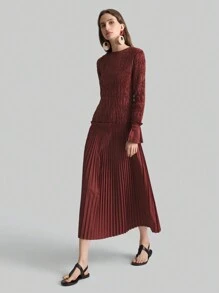 Ontre 棕红色超大波西米亚风女装连衣裙，2025新款春季时尚女圆领长袖褶饰装饰，红色春装，情人节长袖连衣裙