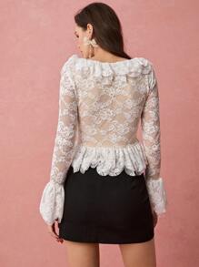 Enchnt Camisa casual con cuello cuadrado de encaje, manga larga, pliegues simples y parches para mujer