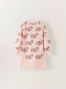 THE HAPPY LOOK Young Girls Winter Cute Bird Print Pink Pullover Lantern Sleeve Knit Dress - Pink - View 2