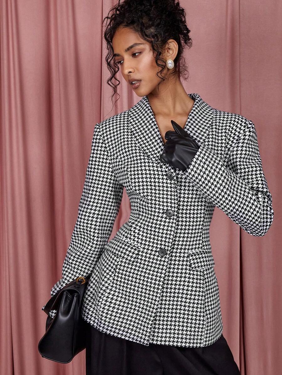 COSMINA 春夏季优雅女士格纹收腰西装外套 - 黑與白 - 查看 1