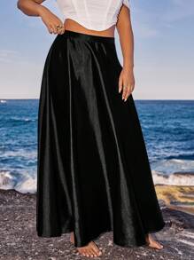 SHEIN VCAY 大码女式波西米亚风法式优雅缎面垂褶裙，时尚喇叭裙，派对和节日服装，适合夏季 - 黑色 - 查看 3