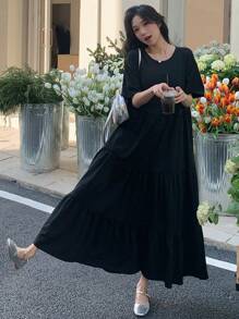 DAZY 女式休闲落肩中长连衣裙，纯色夏季 - 黑色 - 查看 2