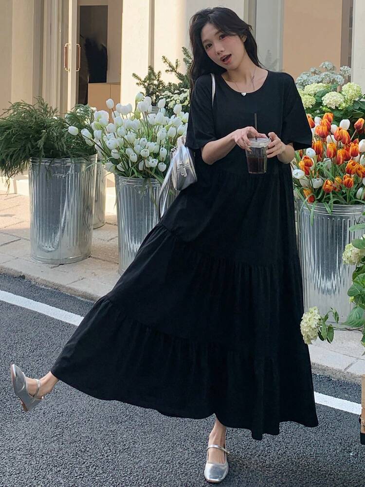 Robe midi décontractée pour femmes avec épaules tombantes, couleur unie, été