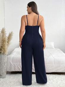 SHEIN Privé 1 件女式加大码纯色网眼拼接宽腿优雅细肩带连体裤 - 藏蓝色 - 查看 5