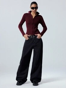 LYSMO Women V-Neck Solid Color Zip-Up Cardigan Sweater - Burgundy - View 3