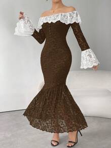 Modelyn 女士优雅蕾丝拼接露肩喇叭袖美人鱼连衣裙长款晚礼服 - 棕色 - 查看 6