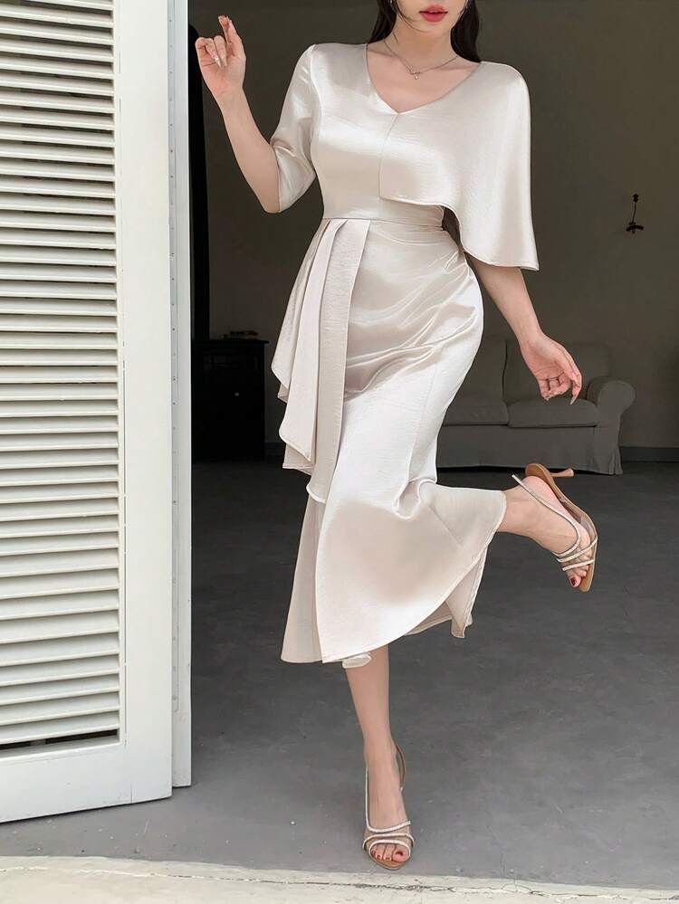 Plain V-Neck Ruffle Hem Midi Dress For Women Elegant Sundress Cocktail Dress