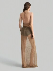 Ontre New 2025 Women Hollow Neck Tie Sleeveless Boho Style Dress, Vacation, Festival, Minimalist Fashion, Beach Cover-Up, Bohemian Style, Vacation, Festival, Spring/Summer - Khaki - View 2