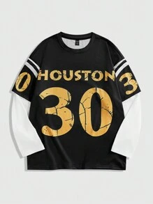 ROMWE MEN Prep Men's Jersey Letter Print Round Neck Long Sleeve Casual T-Shirt With 2 In 1 Design, Autumn - Multicolor - View 1