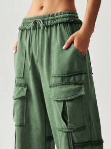 Bohemela Damen einfarbige Lässig gestrickte Weite Bein Hose mit Taschen