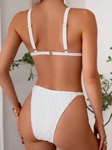 SHEIN Swim Zomer Dames Effen Kleur Getextureerde Stof Halter Metalen Blok Decor Sexy Mode Bikini Badmode
