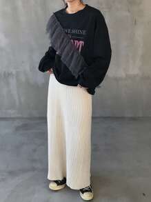 FRIFUL Women's Letter Print Mesh Patchwork Loose Slouchy T-Shirt,Fall Clothes - Black - View 2