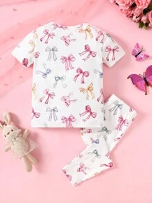 SHEIN Leap Crew 2pcs Baby Girl Baby Girls Soft & Comfortable Solid Color Bow Decor Round Neck Raglan Sleeve Tight Fit Pajama Set - White - View 2