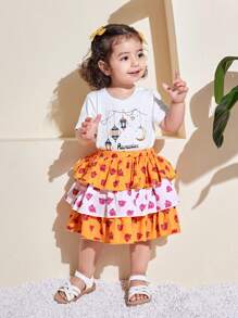 SHEIN Leap Crew 2 件装女婴碎花短袖上衣和裙子套装，夏季服装 - 黃色 - 查看 7