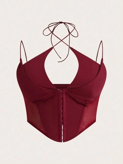 SHEIN ICON Plus Summer Hook And Eye Contrast Mesh Burgundy Crop Corset Cami Top