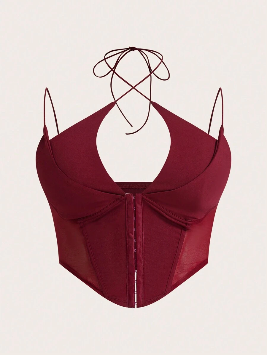 SHEIN ICON Plus Summer Hook And Eye Contrast Mesh Burgundy Crop Corset Cami Top - Burgundy - View 1
