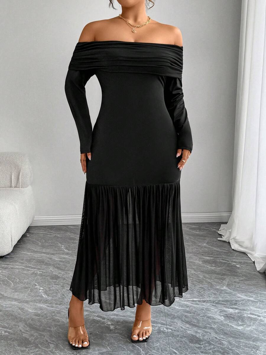 SHEIN Privé 女士加大码性感优雅黑色针织露肩修身开衩长裙 - 黑色 - 查看 1