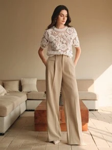 Anewsta 女士秋季花卉网纱圆领短袖针织上衣 春季女装 - 白色 - 查看 7