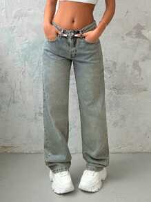 EURMUSE WOMEN STRAIGHT LOW WAIST JEANS - Medium Wash - View 1