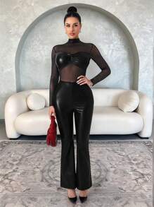 Zolique Women's See-Through Mesh Long Sleeve Sexy Slim Splicing Pu Black Pants Jumpsuit Fall Cloth For Women