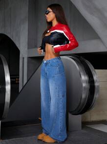 SHEIN ICON 女式前扣口袋简约休闲牛仔裤，日常穿着 - 藍色 - 查看 4