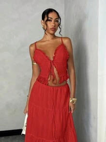 SHEIN BAE 女士夏季假期浪漫约会休闲蕾丝吊带背心上衣 + 低腰褶皱 A 字长裙套装，白色亚麻面料 - 紅色 - 查看 6