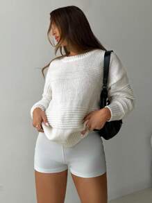 Aloruh Suéter blanco suelto con patrón jacquard, unicolor. Nuevo lanzamiento para mujer, otoño/invierno
