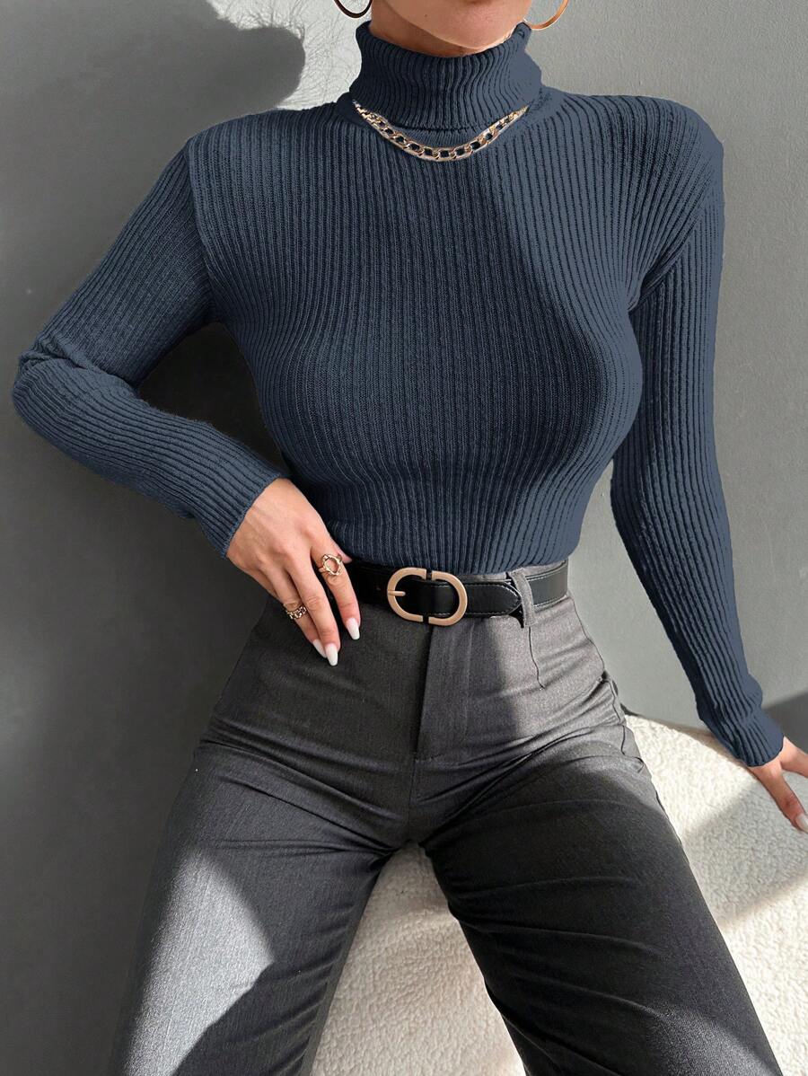 SHEIN Cottnline Women's Slim Fit Solid Color Ribbed Turtleneck Knitted Sweater - Baby Blue - View 1