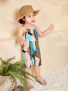 Baby Girl Infant/Toddler 0-3 Years Spring/Summer New Abstract Geometric Multi-Color Casual Loose Comfortable Jumpsuit Romper Suitable For Daily Outings