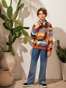 SHEIN 1-Piece Boys' Hoodie In Urban Casual Style With Round Neck And Long Sleeves, Featuring Architectural Pattern Design. This Boys' Sweatshirt Is Suitable For Various Occasions Such As Spring And Autumn Outings, Gatherings, And School Activities In The City. - Multicolor - View 3