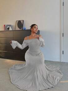 Flirla Plus Size Black Rib Knit Off Shoulder Dress, Suitable For Date Night Party - Grey - View 6