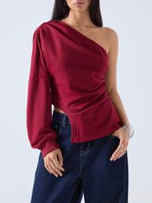 LYSMO 1 件女式休闲单肩褶皱开衩运动衫，适合秋季 - 酒紅色 - 查看 1