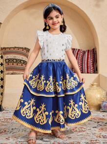 SHEIN 3 件/年轻女孩休闲搭配母女烫金圆领短袖衬衫、定位烫金印花裙和网眼披肩套装，适合春夏季，非常适合家庭聚会 - 藍色 - 查看 4