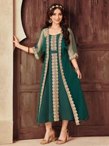 SHEIN 少女奢华优雅绿色/金色闪光透明 3/4 袖罩衫和无袖金色丝带束带连衣裙，迷人服装/连衣裤