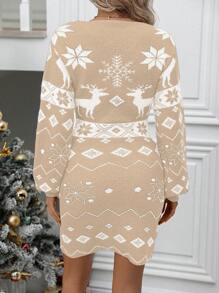 SHEIN Clasi Women's Autumn/Winter Deer Geometric Pattern Long Sleeve Bodycon Sweater Dress