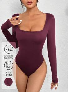 SHEIN PETITE Square Neck Slim Fit Long Sleeves Tee Bodysuit - Rose Red - View 1