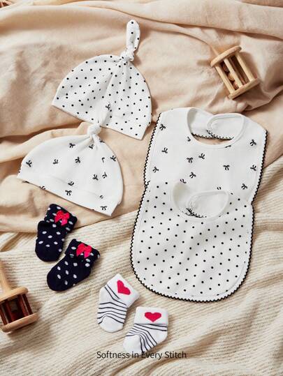 Cozy Pixies 6pcs/Set Soft Skin-Friendly Polka Dot Bow Baby Bibs, Include 2pcs Hats, 2pcs Socks, 2pcs Bibs, Suitable For Gifts