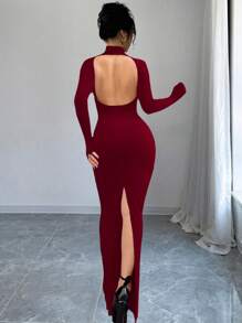 INAWLY Đầm suông tay dài cổ đứng màu trơn ôm vừa vặn cho nữ - Màu Đỏ Sâu - Xem 2