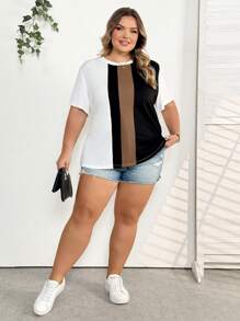 SHEIN CURVE+ Plus Size Women's Color Block Round Neck Short Sleeve T-Shirt For Summer - Multicolor - View 8