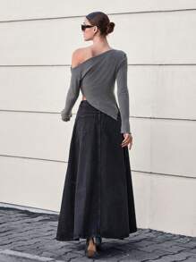 EURMUSE 100% Cotton High Waist Long Denim Skirt - Black - View 2