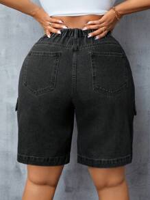 SHEIN Plus Size Button Front Pocket Design Casual Denim Shorts, Daily Wear - Dark Grey - View 2