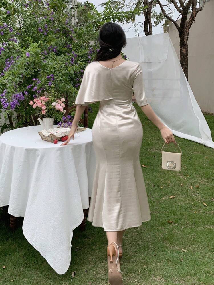 Plain V-Neck Ruffle Hem Midi Dress For Women Elegant Sundress Cocktail Dress