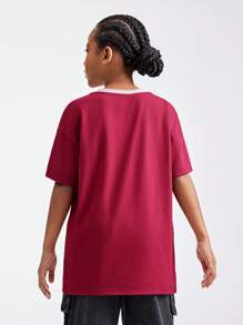 SHEIN Tween Girls Spring/Summer Casual V-Neck Short Sleeve T-Shirt With Letter Print And Color Block - Burgundy - View 3