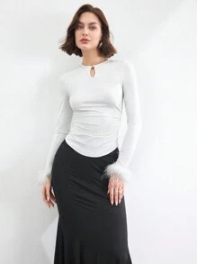 BizChic White Long Sleeve T-Shirt With Feather Decor, Elegant For Party, Holiday, Thanksgiving, Suitable For Women - White - View 6