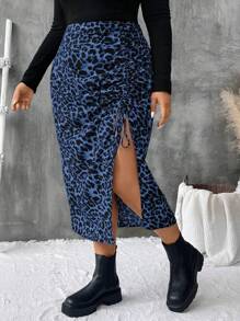 SHEIN VCAY Plus Size Leopard Print Split Hem Casual Skirt - Blue - View 6