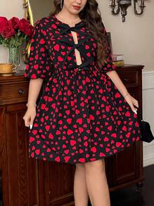 SHEIN Privé Rochie mini de petrecere elegantă pentru femei de mărimi plus mari, cu detalii de legare, mâneci cu balon și design scobit, potrivită pentru adunările de toamnă/iarna și de Ziua Îndrăgostiților