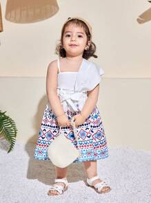 SHEIN Baby Girls Summer Cute Geometric Pattern Strap Sundress - White - View 5
