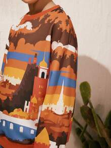 SHEIN 1-Piece Boys' Hoodie In Urban Casual Style With Round Neck And Long Sleeves, Featuring Architectural Pattern Design. This Boys' Sweatshirt Is Suitable For Various Occasions Such As Spring And Autumn Outings, Gatherings, And School Activities In The City. - Multicolor - View 4